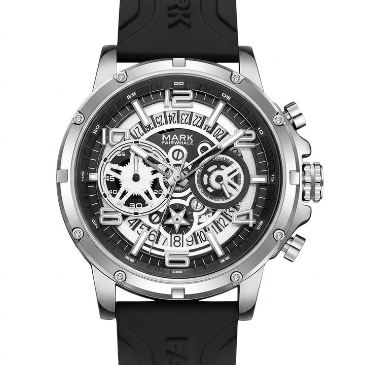 Black and silver watch with detailed face on a white background
