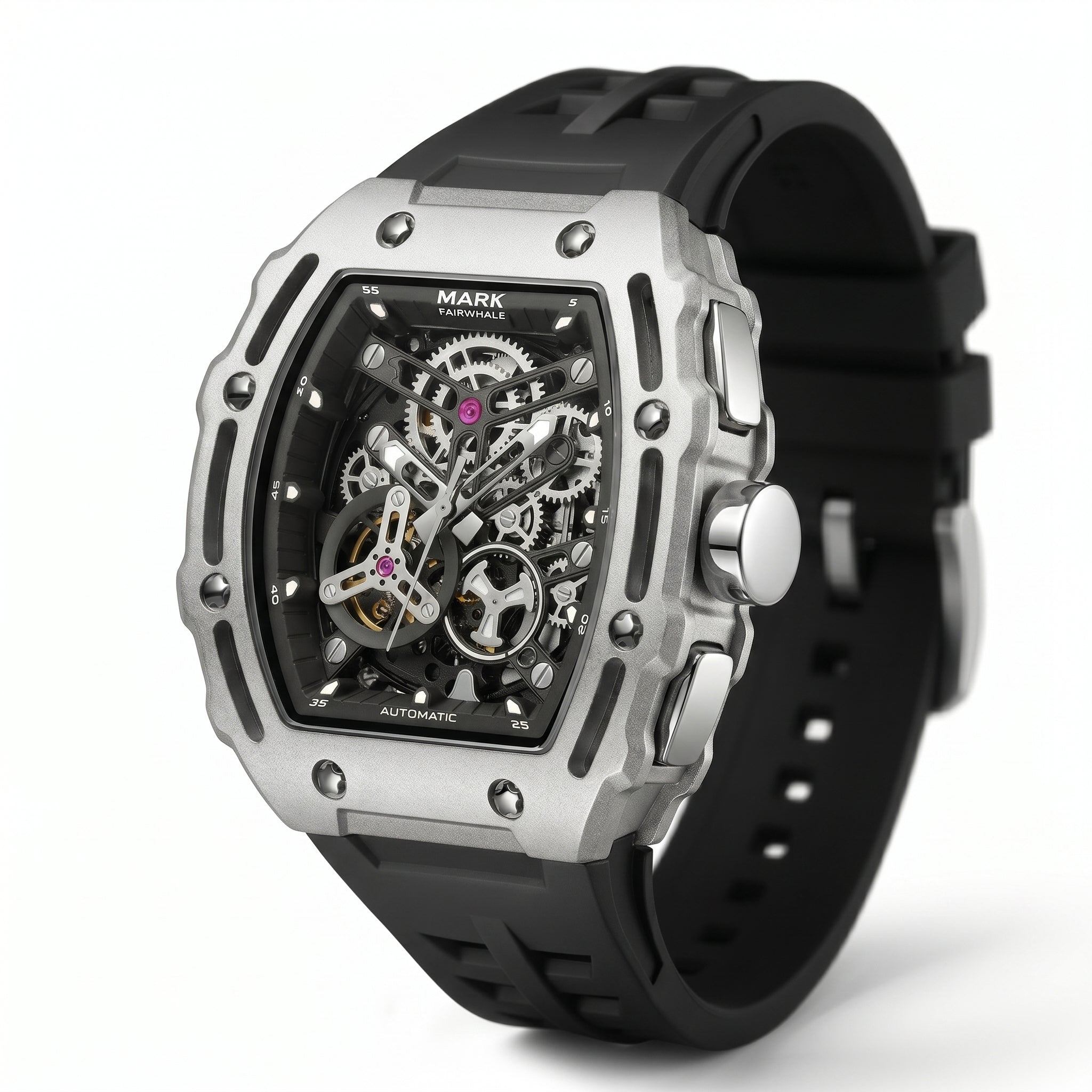 Black and silver watch with visible mechanical components on a white background