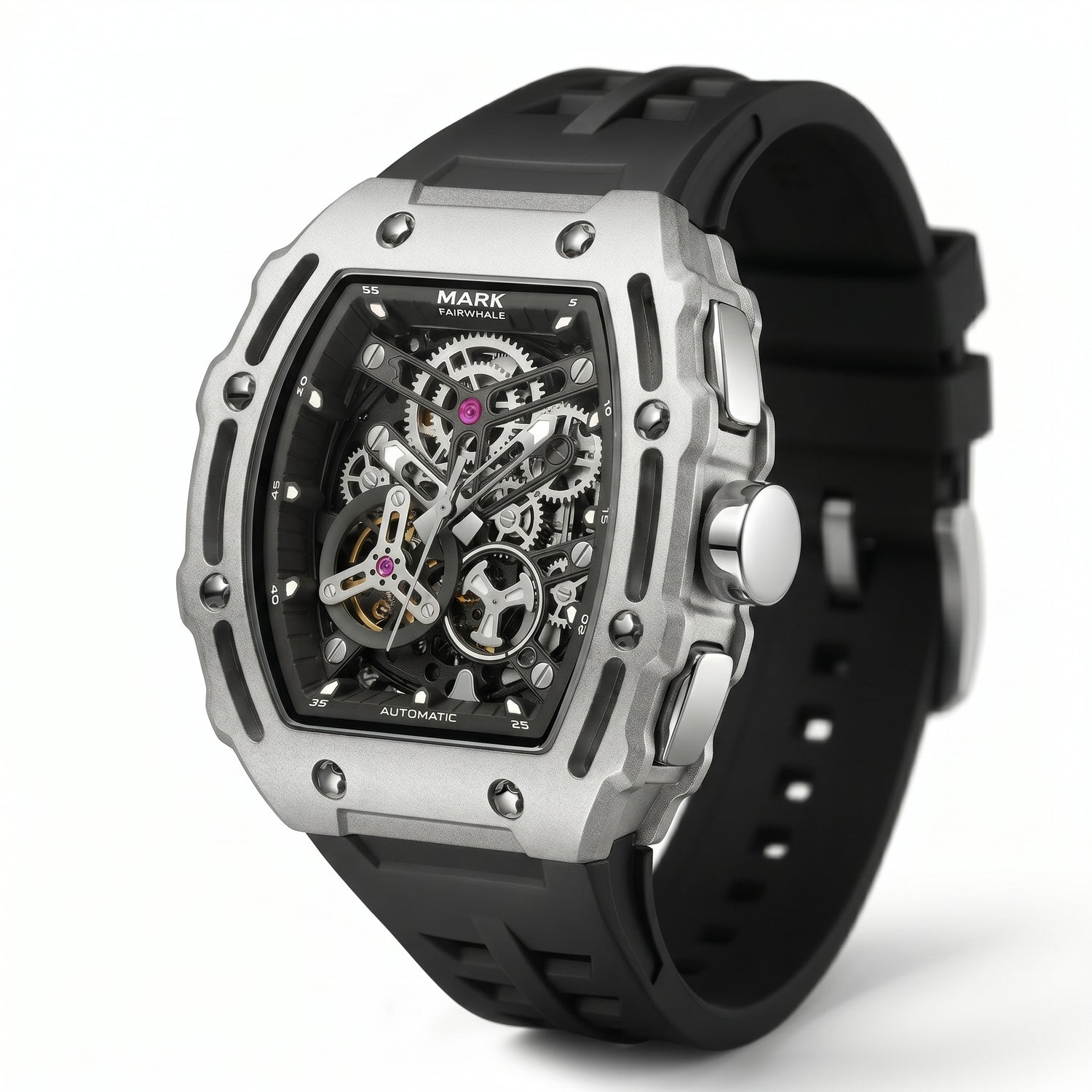 Black and silver watch with visible mechanical components on a white background