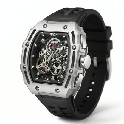 Black and silver watch with visible mechanical components on a white background