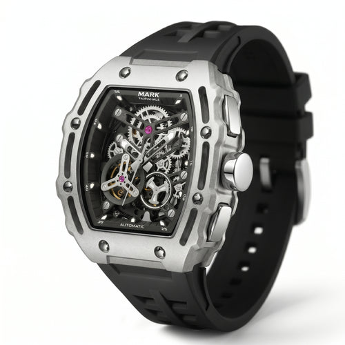 Black and silver watch with visible mechanical components on a white background