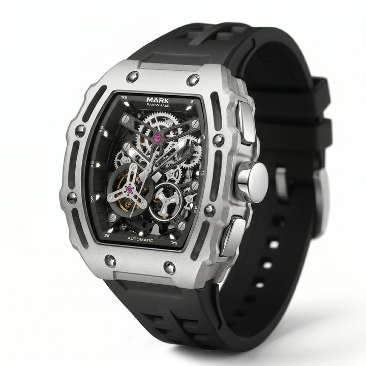 Black and silver watch with visible mechanical components on a white background