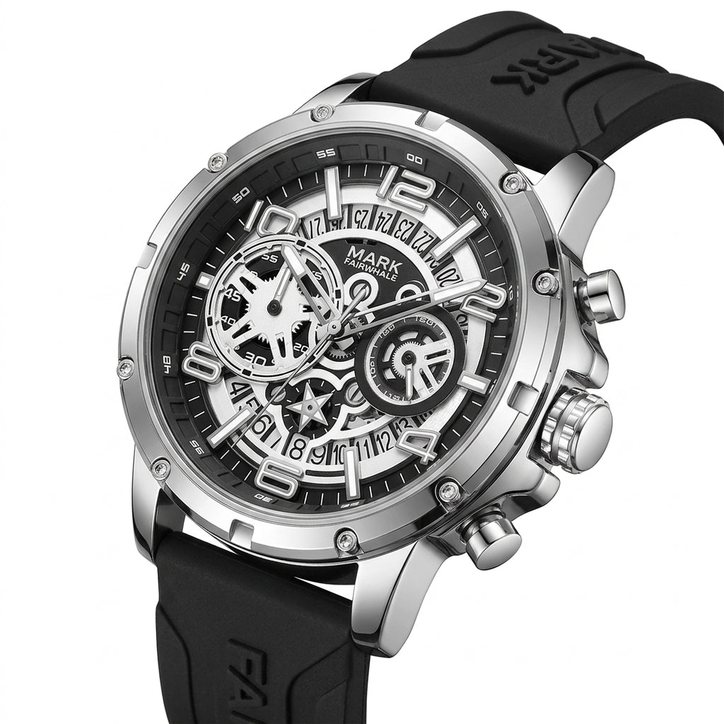 Black and silver watch with detailed face on a white background