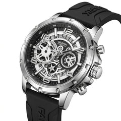 Black and silver watch with detailed face on a white background
