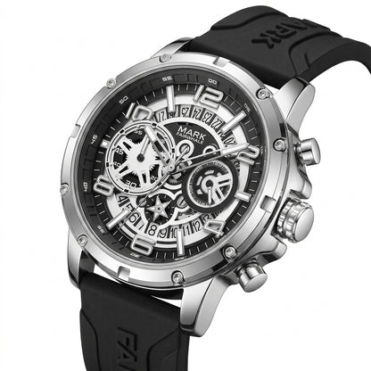 Black and silver watch with detailed face on a white background