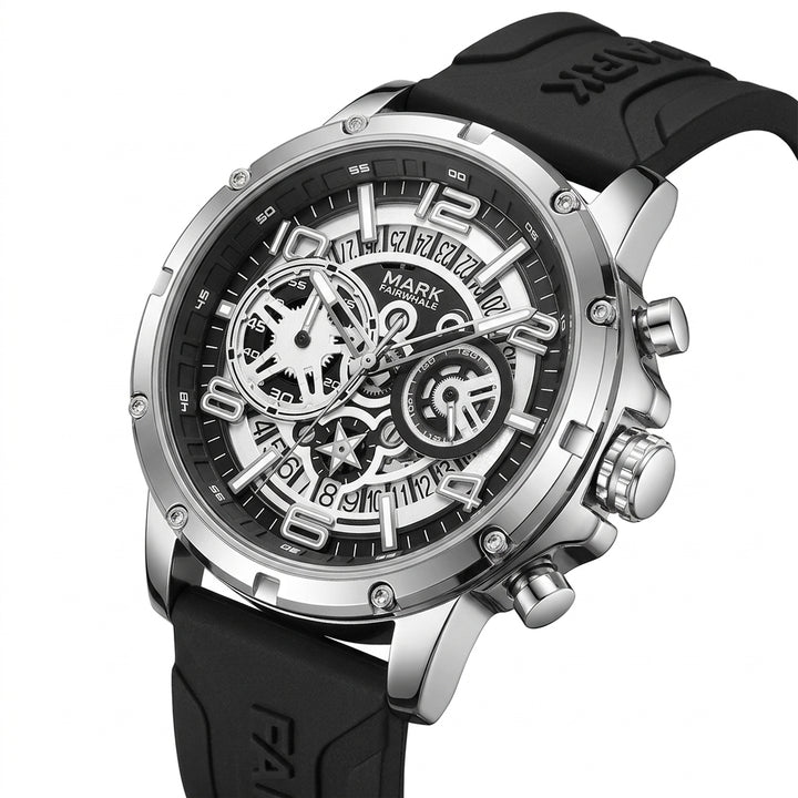 Black and silver watch with detailed face on a white background