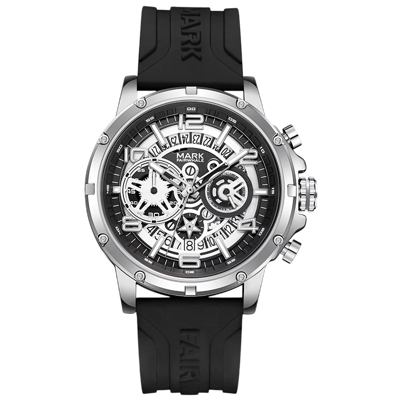 Black and silver watch with visible brand name on a white background