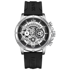 Black and silver watch with visible brand name on a white background