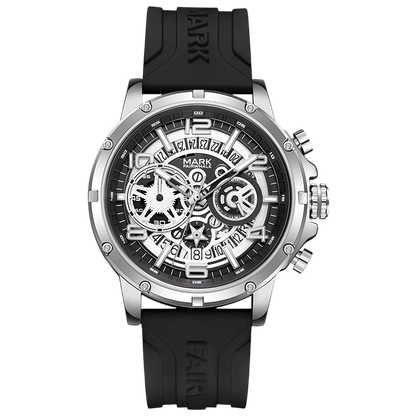 Black and silver watch with visible brand name on a white background