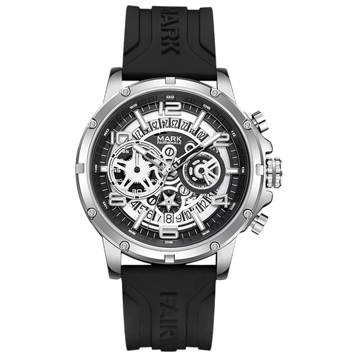 Black and silver watch with visible brand name on a white background