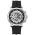 Black and silver watch with visible brand name on a white background