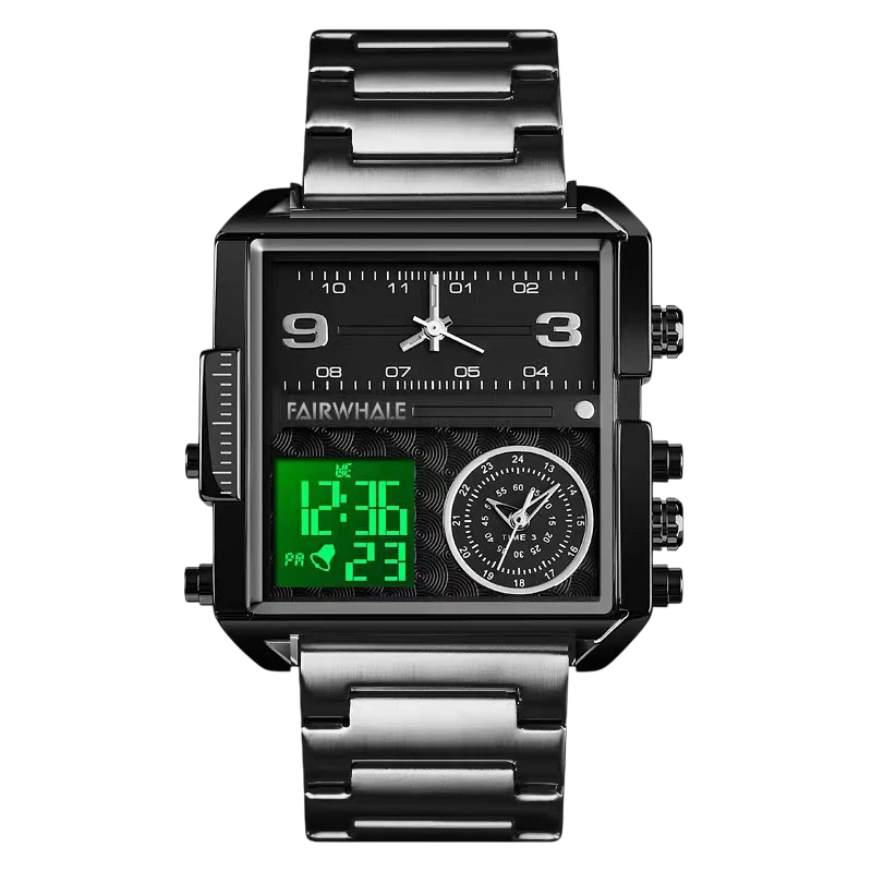 Black digital watch with metal band on a white background