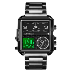 Black digital watch with metal band on a white background
