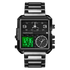 Black digital watch with metal band on a white background