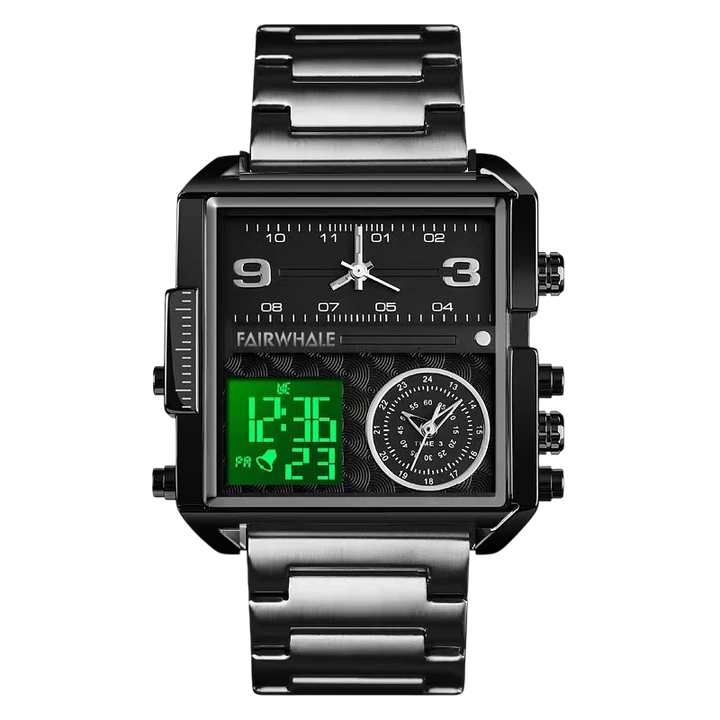 Black digital watch with metal band on a white background