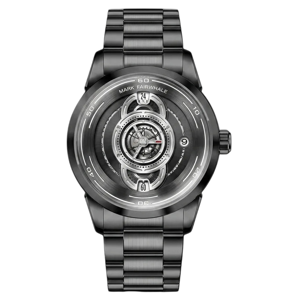 Mark Fairwhale black skeleton watch with dark stainless steel bracelet and exposed mechanical-style dial