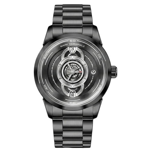 Mark Fairwhale black skeleton watch with dark stainless steel bracelet and exposed mechanical-style dial