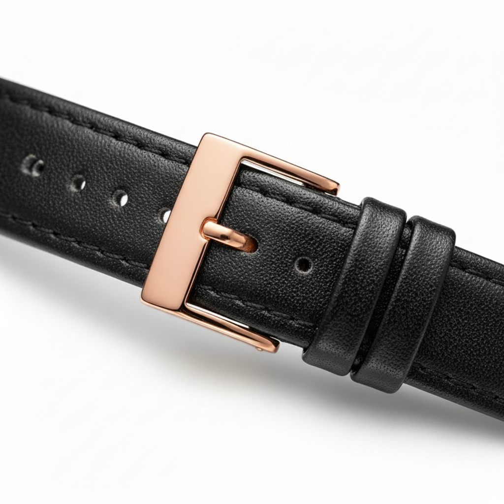 Black leather watch strap with a rose gold buckle on a white background