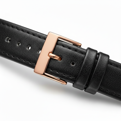 Black leather watch strap with a rose gold buckle on a white background
