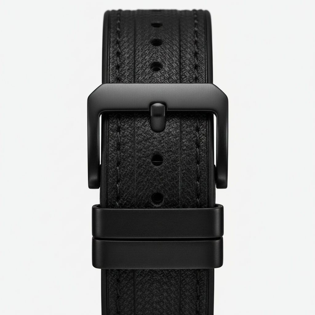Black leather watch strap with buckle on a light gray background