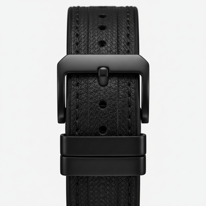 Black leather watch strap with buckle on a light gray background