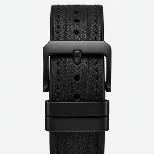 Black leather watch strap with buckle on a light gray background