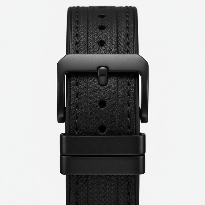 Black leather watch strap with buckle on a light gray background