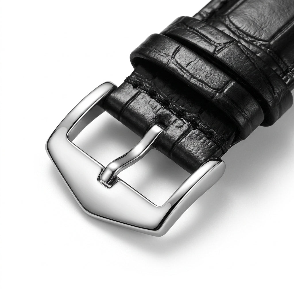 Black leather watch strap with silver buckle on a white background