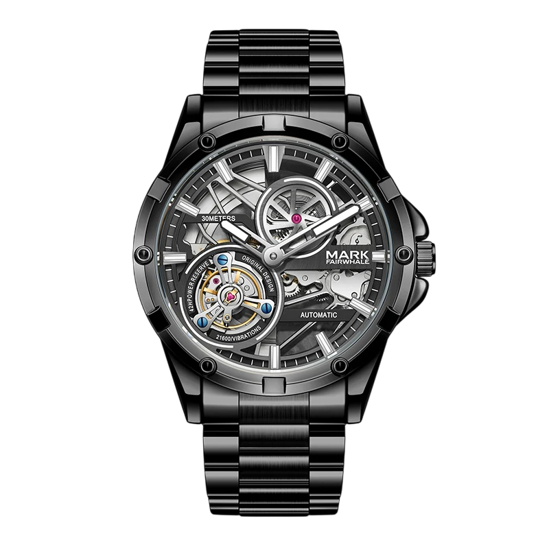 Black mechanical watch with visible brand name on a white background