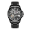 Black mechanical watch with visible brand name on a white background