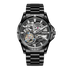 Black mechanical watch with visible brand name on a white background