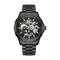 Black mechanical watch with visible brand name on a white background