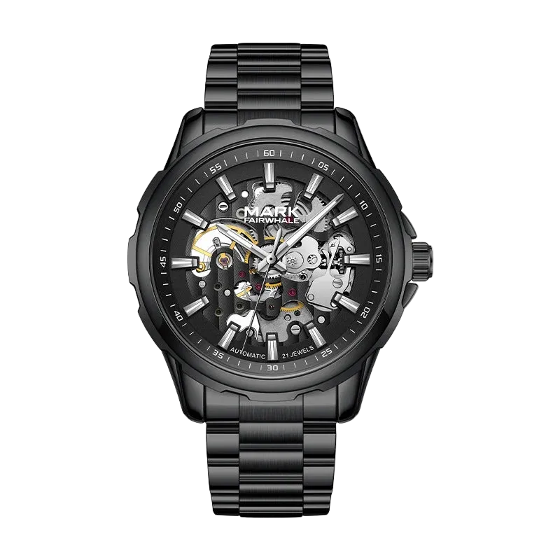 Black mechanical watch with visible brand name on a white background