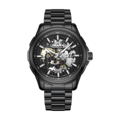Black mechanical watch with visible brand name on a white background