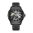 Black mechanical watch with visible brand name on a white background
