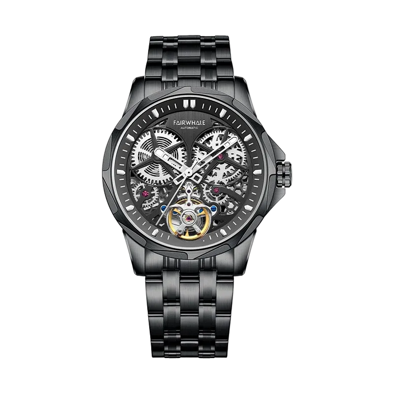 Black mechanical watch with a detailed face on a white background