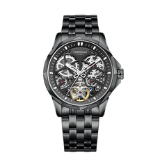 Black mechanical watch with a detailed face on a white background