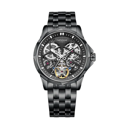 Black mechanical watch with a detailed face on a white background