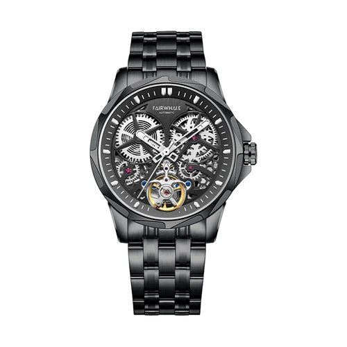 Black mechanical watch with a detailed face on a white background