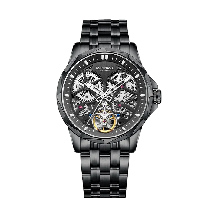 Black mechanical watch with a detailed face on a white background