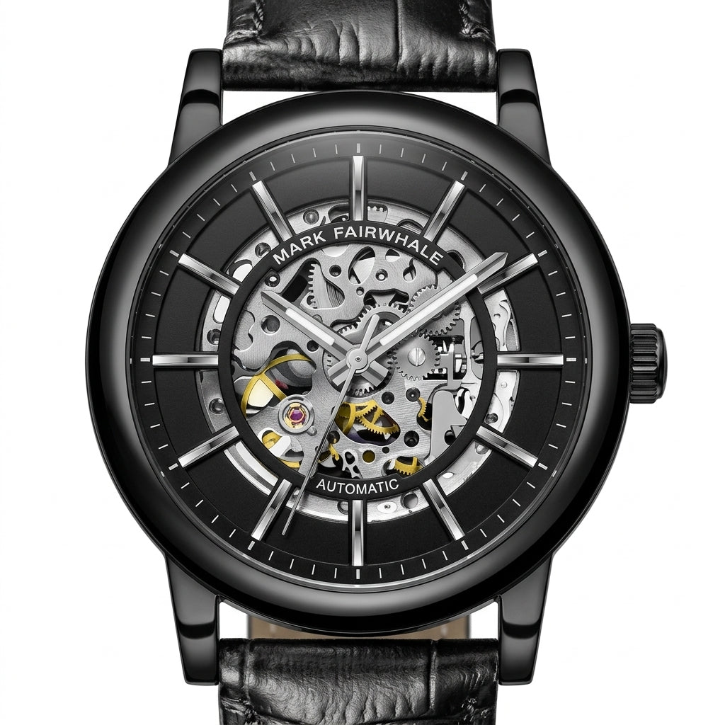 Black mechanical watch with visible gears on a white background