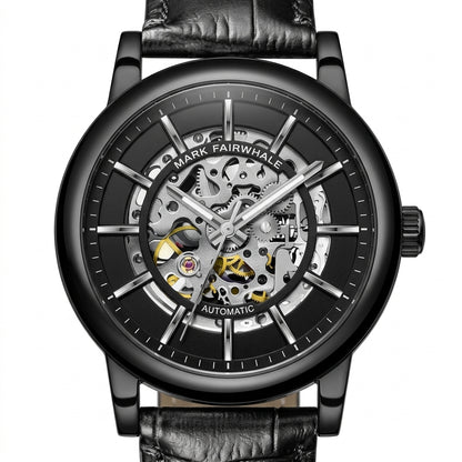 Black mechanical watch with visible gears on a white background