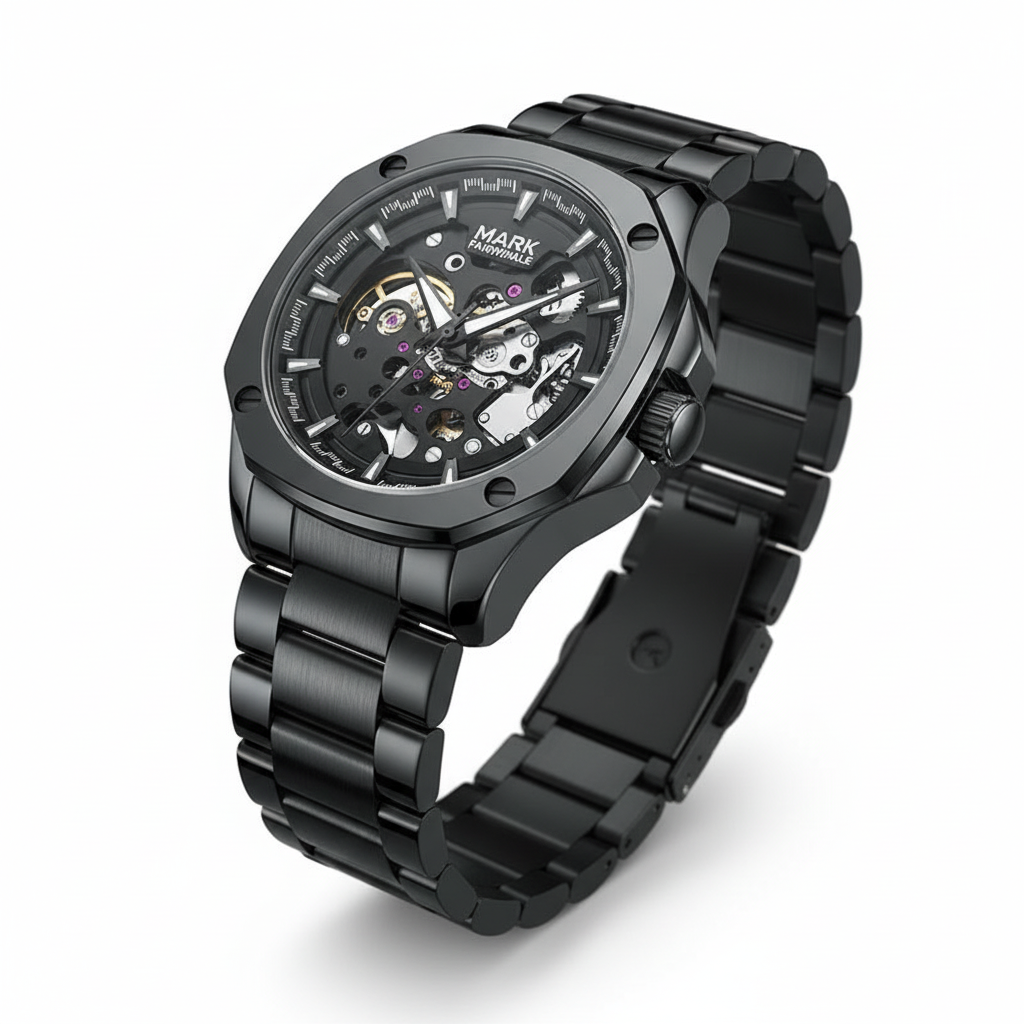 Black mechanical watch with a detailed face on a white background