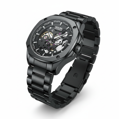 Black mechanical watch with a detailed face on a white background