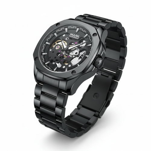 Black mechanical watch with a detailed face on a white background