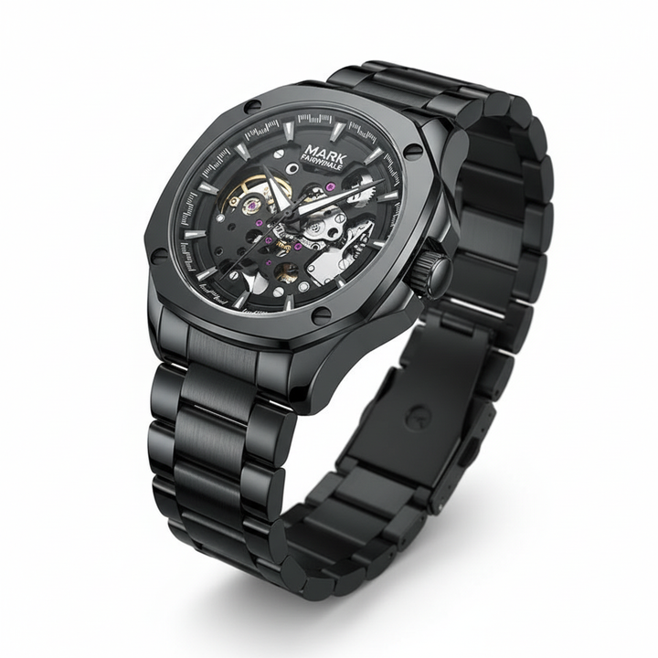 Black mechanical watch with a detailed face on a white background