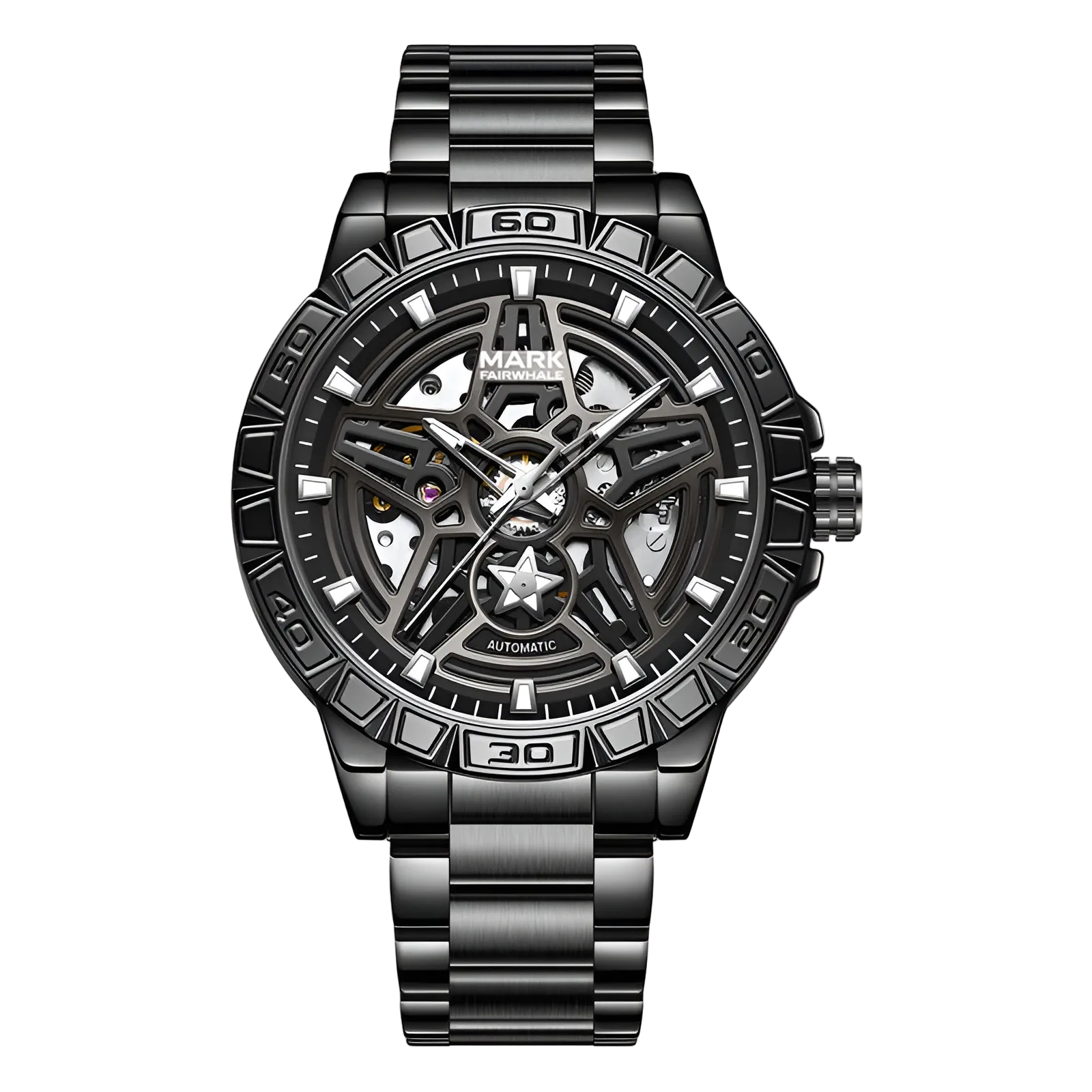 Black mechanical watch with detailed design on a white background