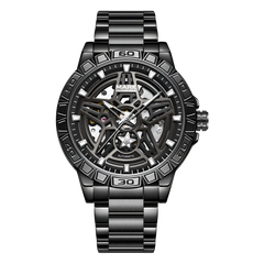 Black mechanical watch with detailed design on a white background