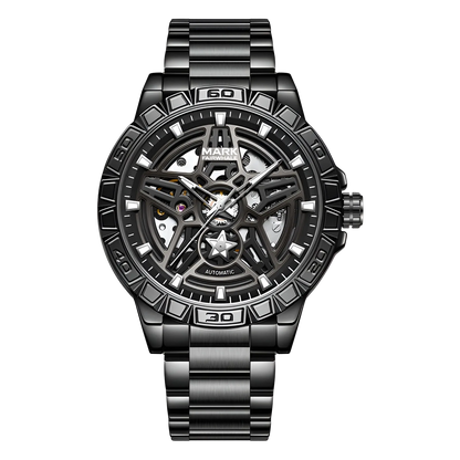 Black mechanical watch with detailed design on a white background