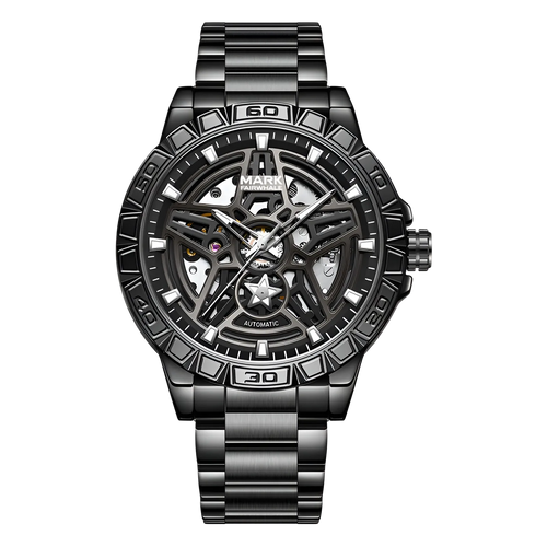 Black mechanical watch with detailed design on a white background